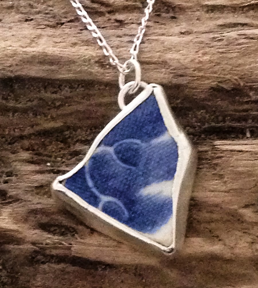 Hand Made Double Sided Scottish Sea Pottery Silver Pendant - UK Free Post