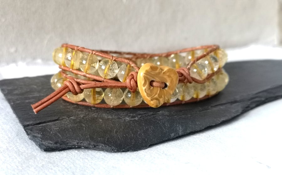 Citrine bead and leather wrap bracelet with ceramic heart, November birthstone