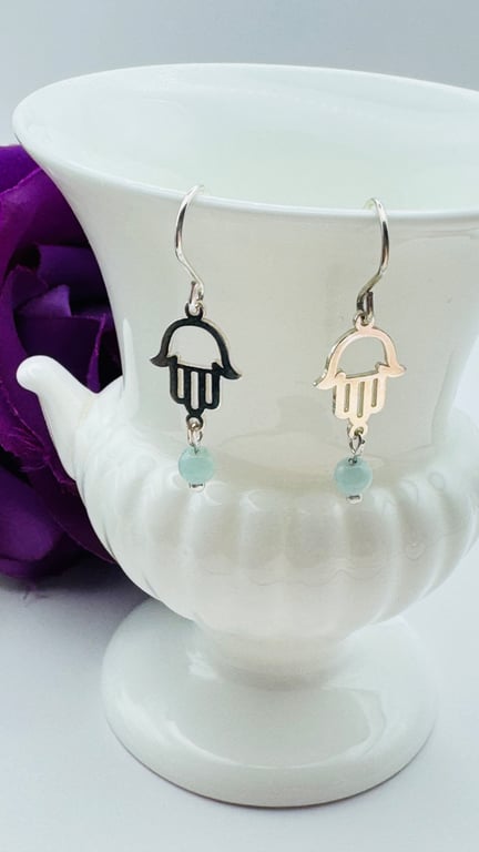 Semi Precious Amazonite & Hamsa Hand Earrings