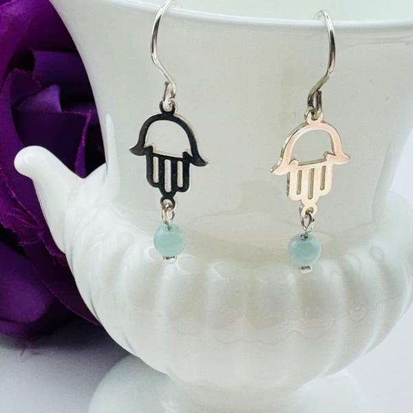 Semi Precious Amazonite & Hamsa Hand Earrings