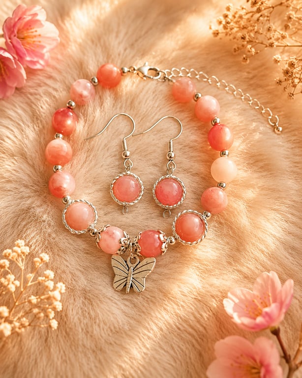 Elegant Handmade Pink and Peach Jade Bracelet with matching Earrings 