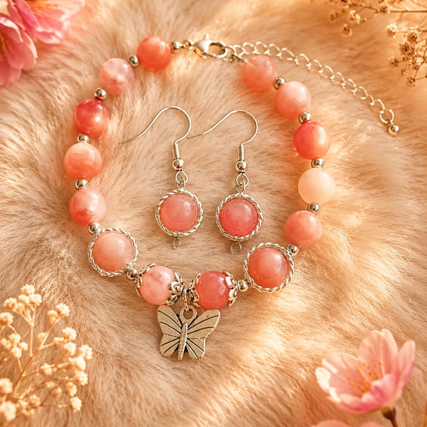 Elegant Handmade Pink and Peach Jade Bracelet with matching Earrings 