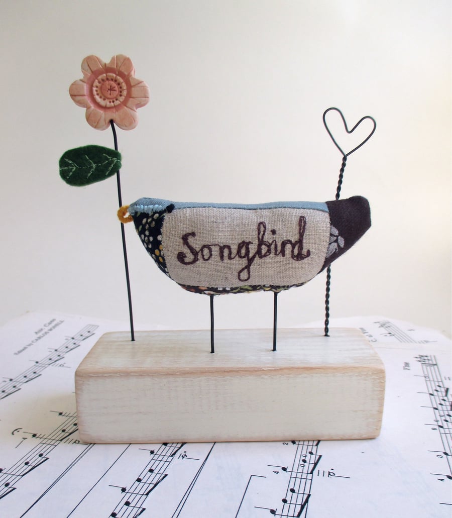 SALE - Songbird with Clay Flower and Wire Love Heart