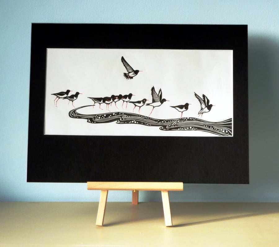 Original lino print Oystercatchers