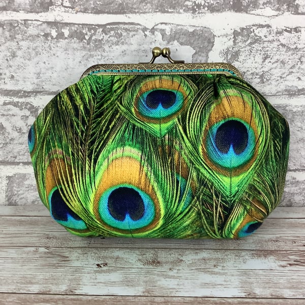 Peacock Feathers small fabric frame clutch bag, Handmade