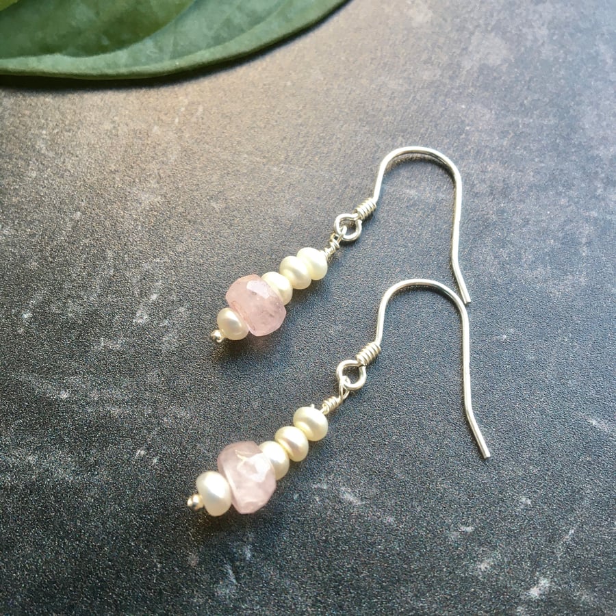 Morganite, Freshwater Pearl and Sterling Silver Earrings