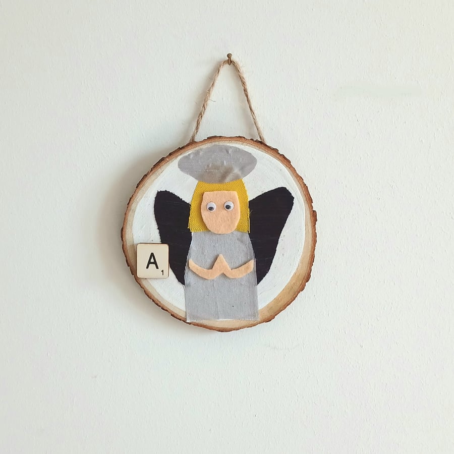 Wooden fun alphabet art with first letter scrabble tile - A Angel