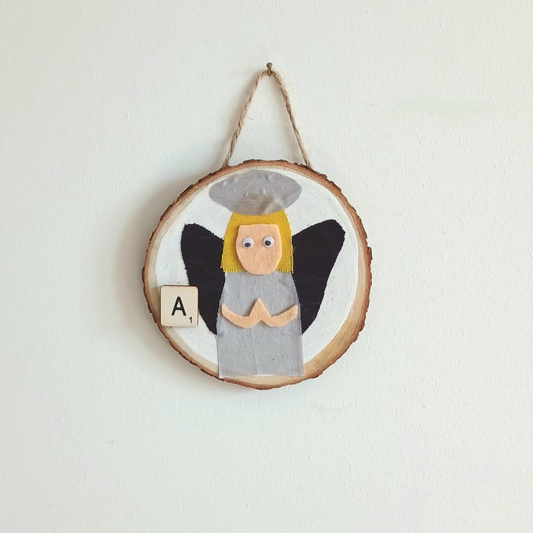 Wooden fun alphabet art with first letter scrabble tile - A Angel