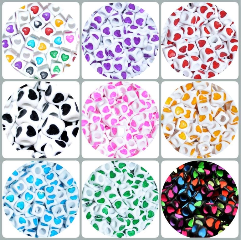 7mm Cube Multicoloured Heart Acrylic Beads for DIY Jewellery Making