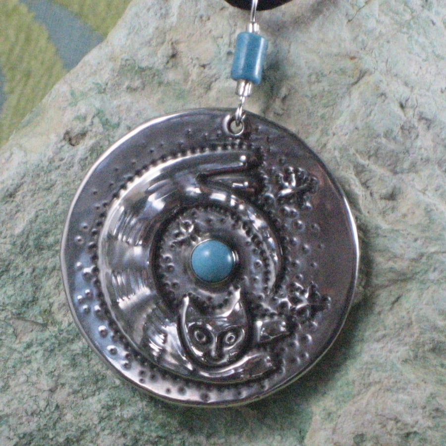 Silver Pewter Cat Pendant with Turquoise