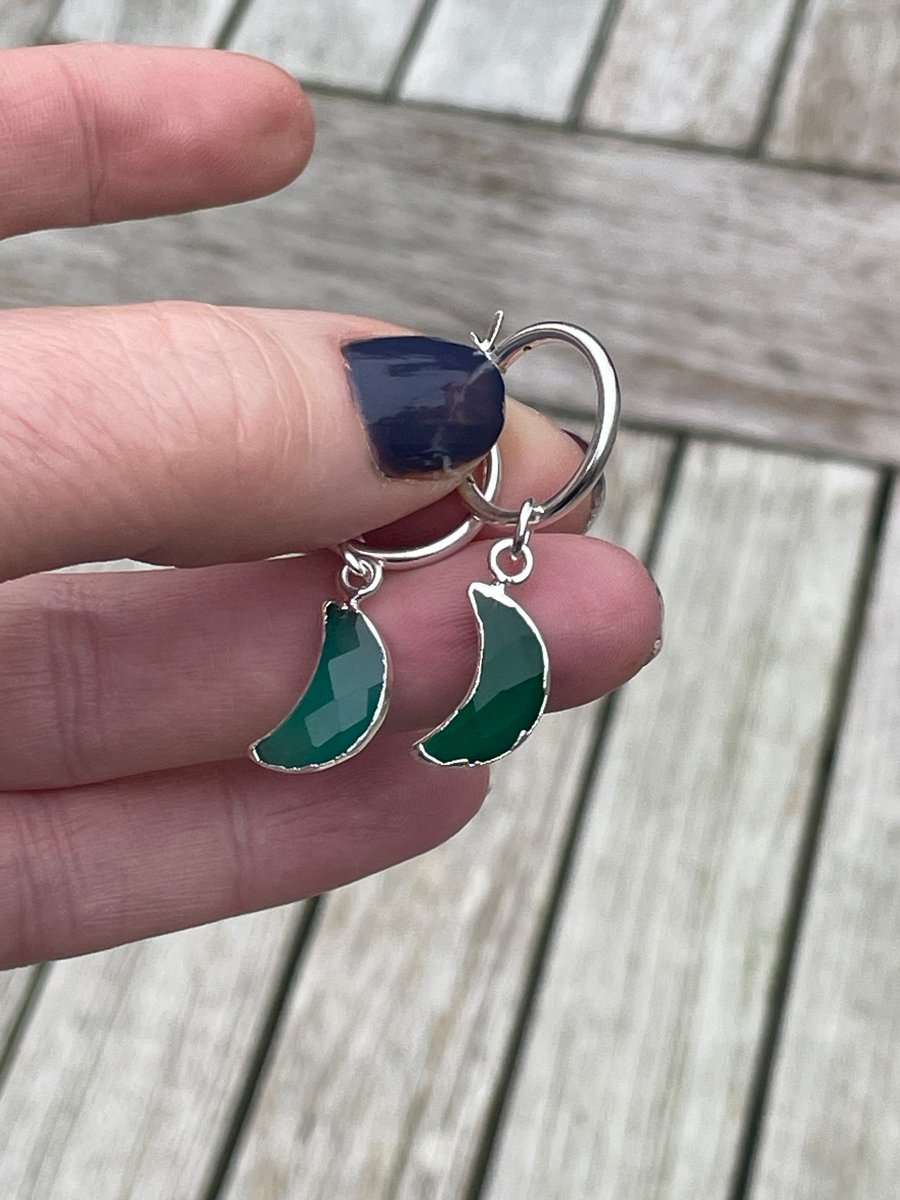 Silver Hoops with Green Onyx Crescent Moons