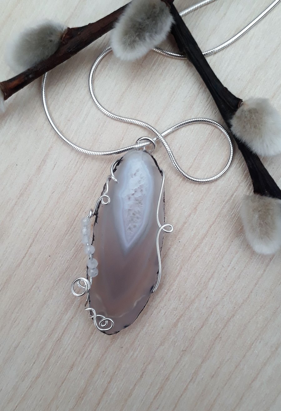 White Agate Slice Pendant Wire Wrapped with Moonstones