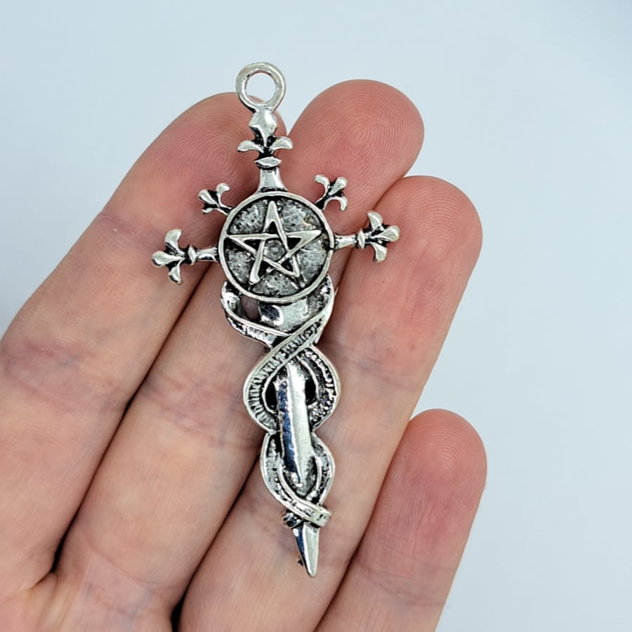 Pentagram Cross pendant, antique silver effect, Pentagram charm C195