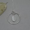 Silver moonstone hoop pendant - frost textured - gemstone necklace