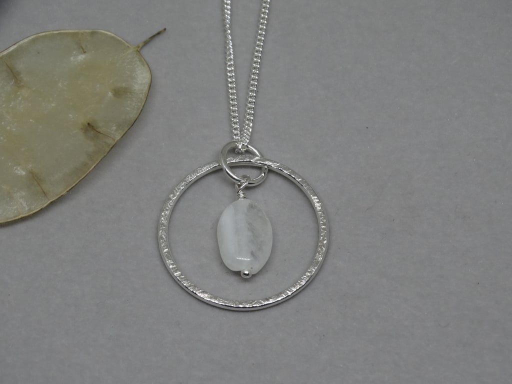 Silver moonstone hoop pendant - frost textured - gemstone necklace