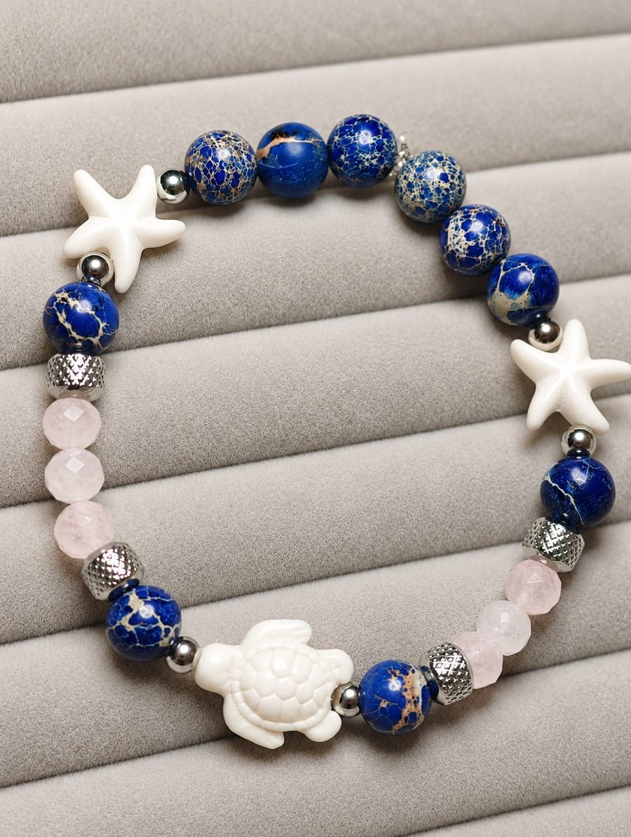 Blue Handmade Sea Sediment Jasper & Rose Quartz Turtle Bracelet Coastal Beach