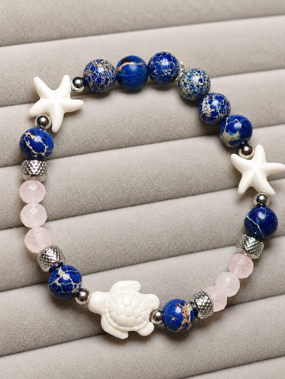 Blue Handmade Sea Sediment Jasper & Rose Quartz Turtle Bracelet Coastal Beach
