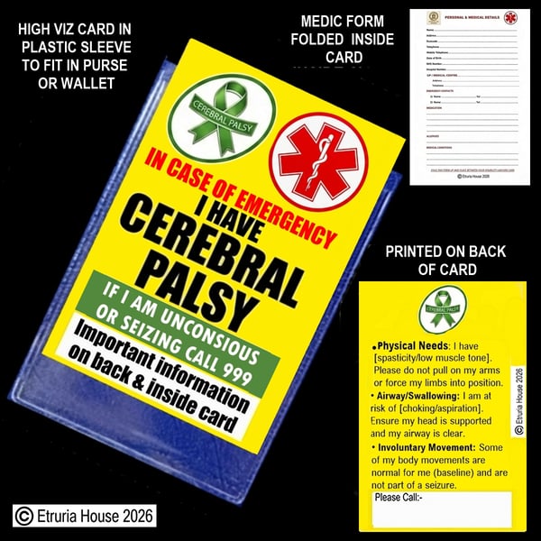Cerebral Palsy , In case of emergency card, plastic case, plus Medic form 
