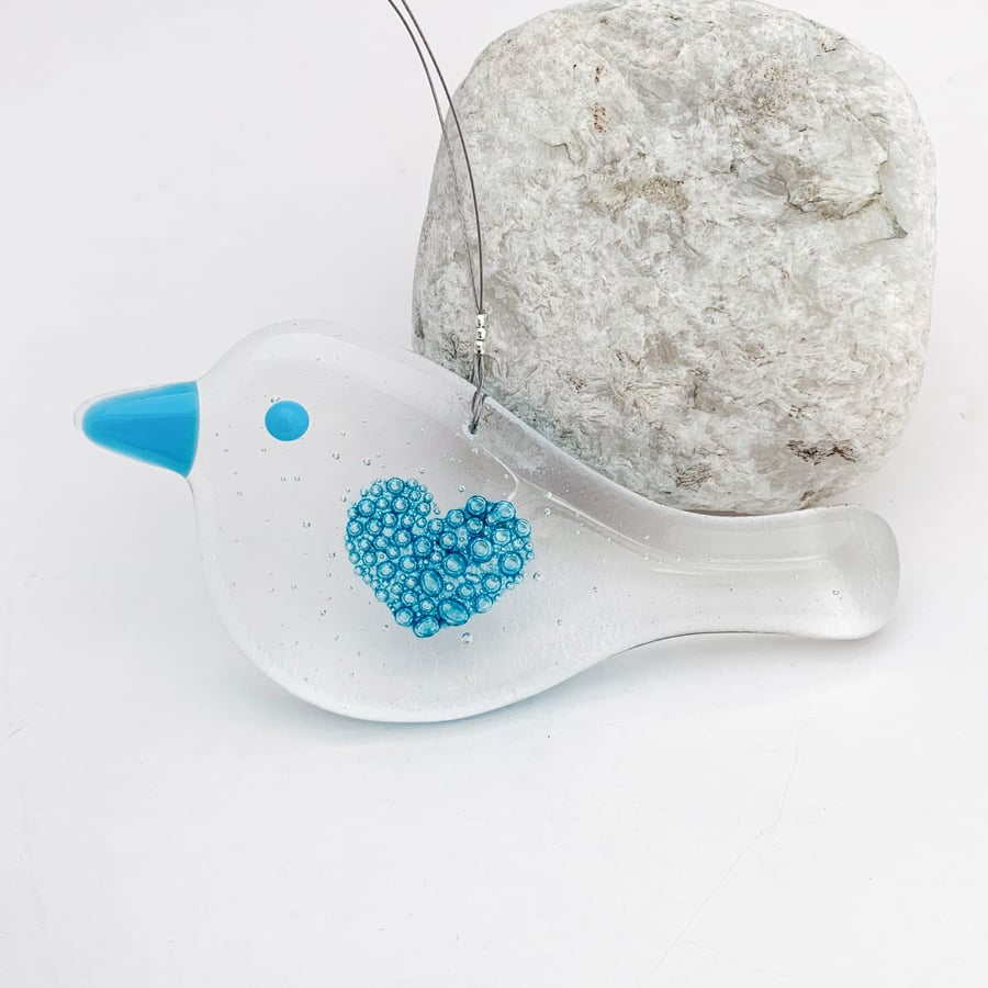 Fused Glass Turquoise Bubbly Heart Bird Hanging