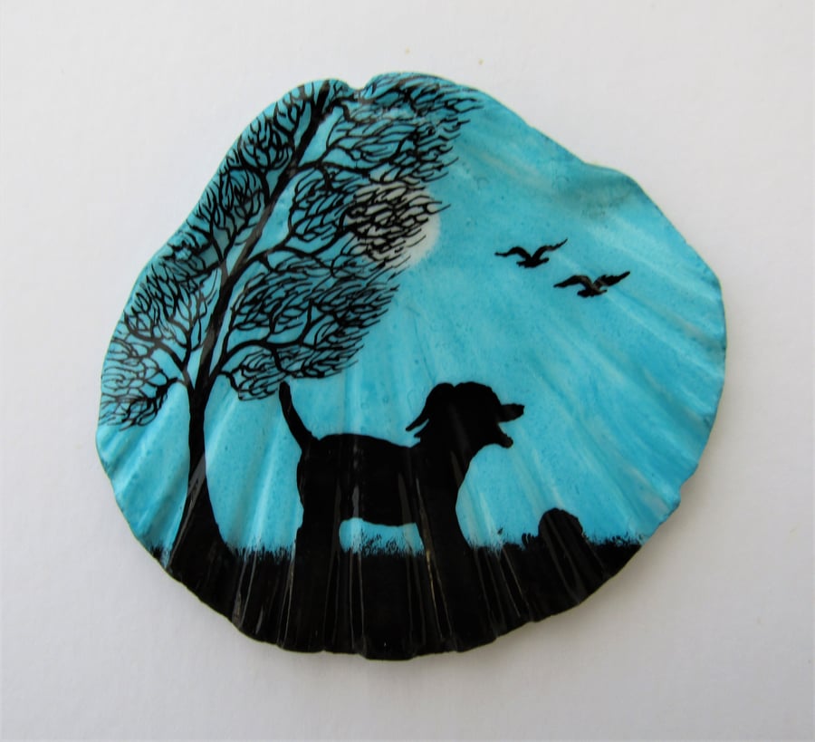 Dog Painting on Seashell, Unique Gift, Labrador Ball Tree Silhouette, Shell Art 