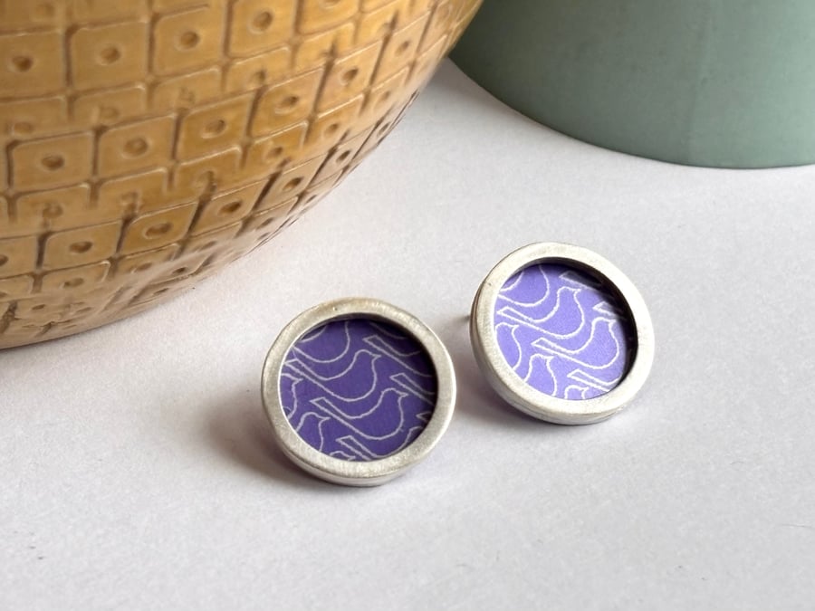 Purple bird pattern studs - silver circle