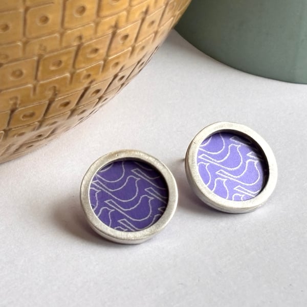 Purple bird pattern studs - silver circle