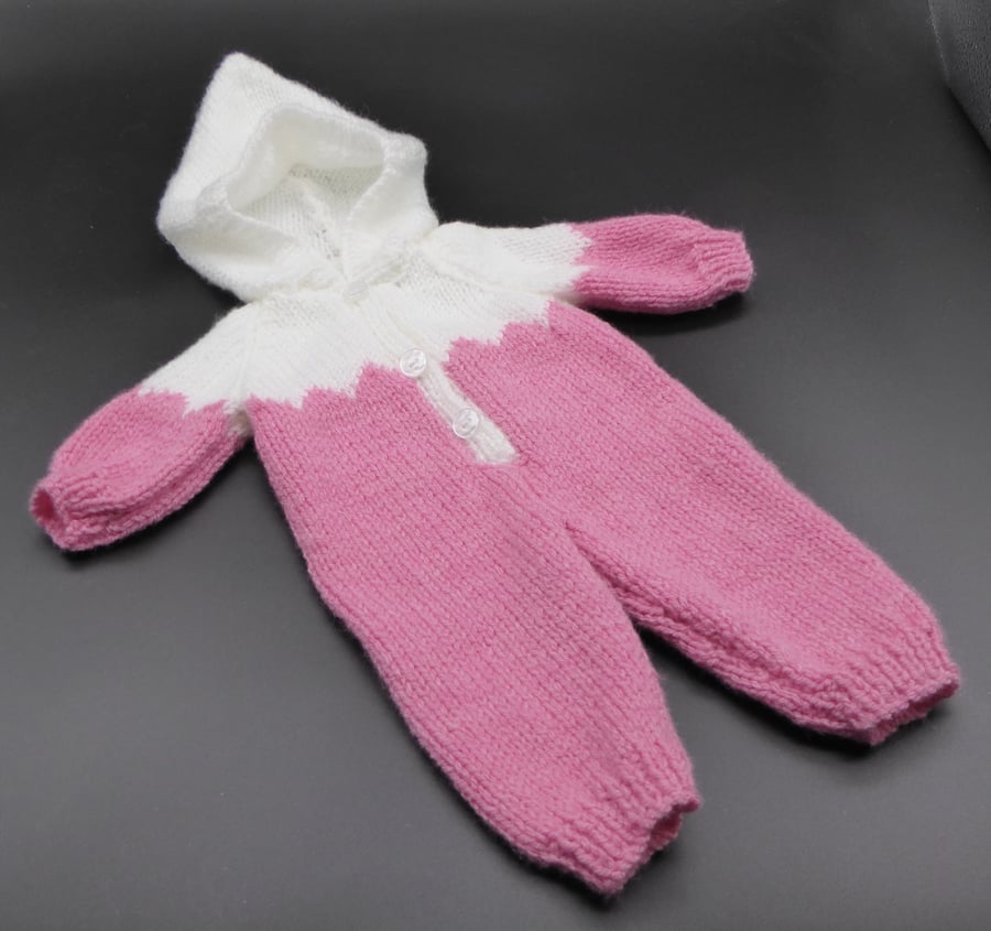 Dolls pink and white double knit hooded all-in-one.