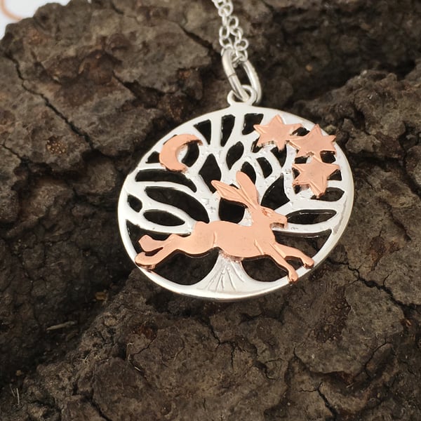 Running Copper Hare Silver Tree of Life Necklace, Pendant, Tree of Life Hare 