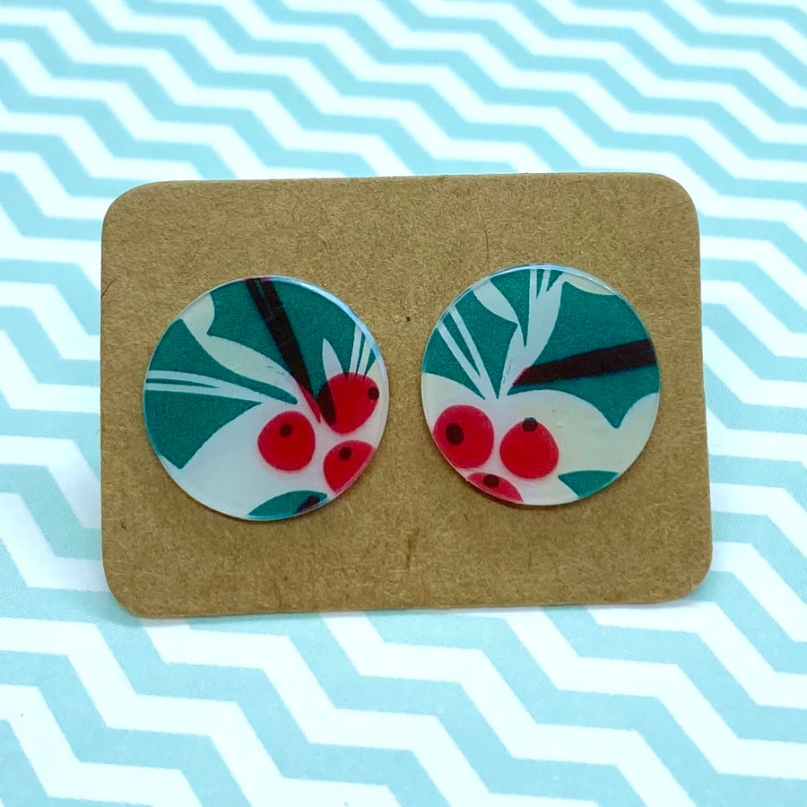 Recycled plastic Christmas holly circle stud earrings