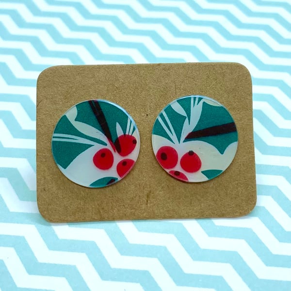 Recycled plastic Christmas holly circle stud earrings