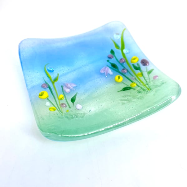 Floral Trinket Dish - Fused glass with lampwork detail  