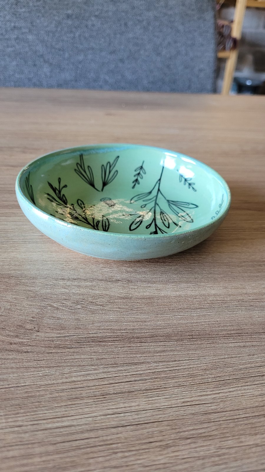 Green Leaf Patterned Trinket Dish Handmade Pottery
