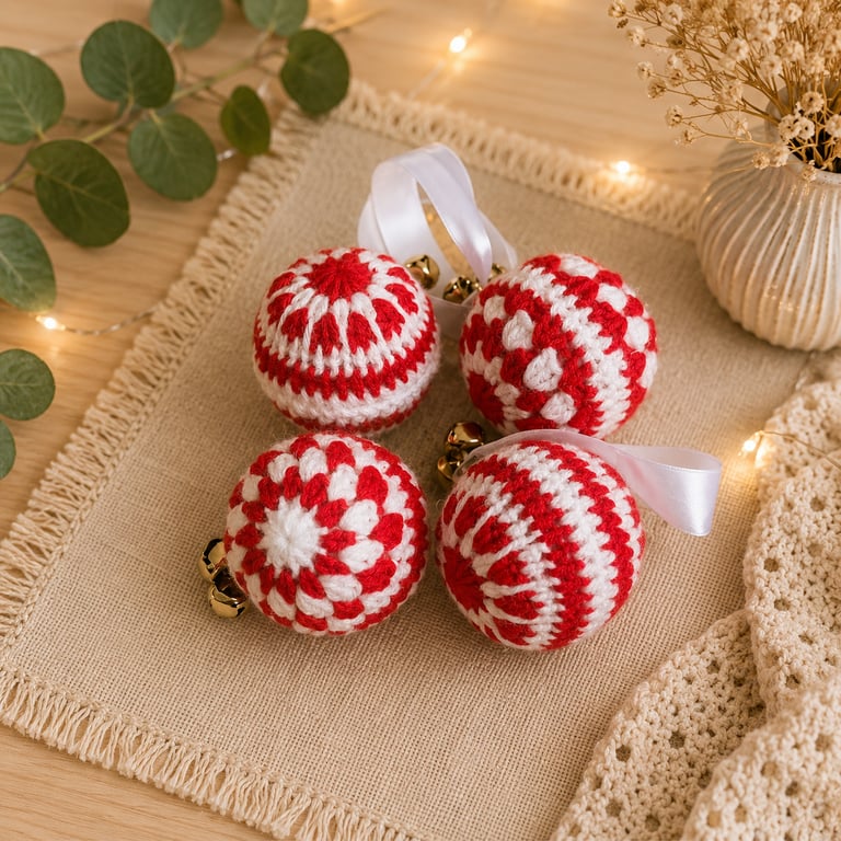 Red & White Crochet Christmas Baubles - Handmade Christmas Tree Decorations - Se