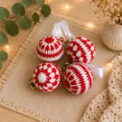 Red & White Crochet Christmas Baubles - Handmade Christmas Tree Decorations - Se