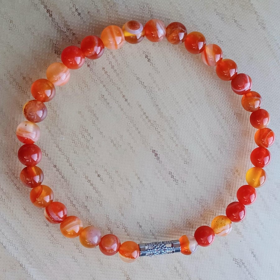 Orange & Red Banded Agate Stretch Bracelet, 6mm Gemstone Beads, Symbol of Calm