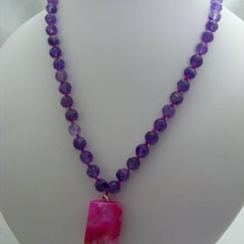 Pink Agate and Amethyst Roses Gemstone Necklace