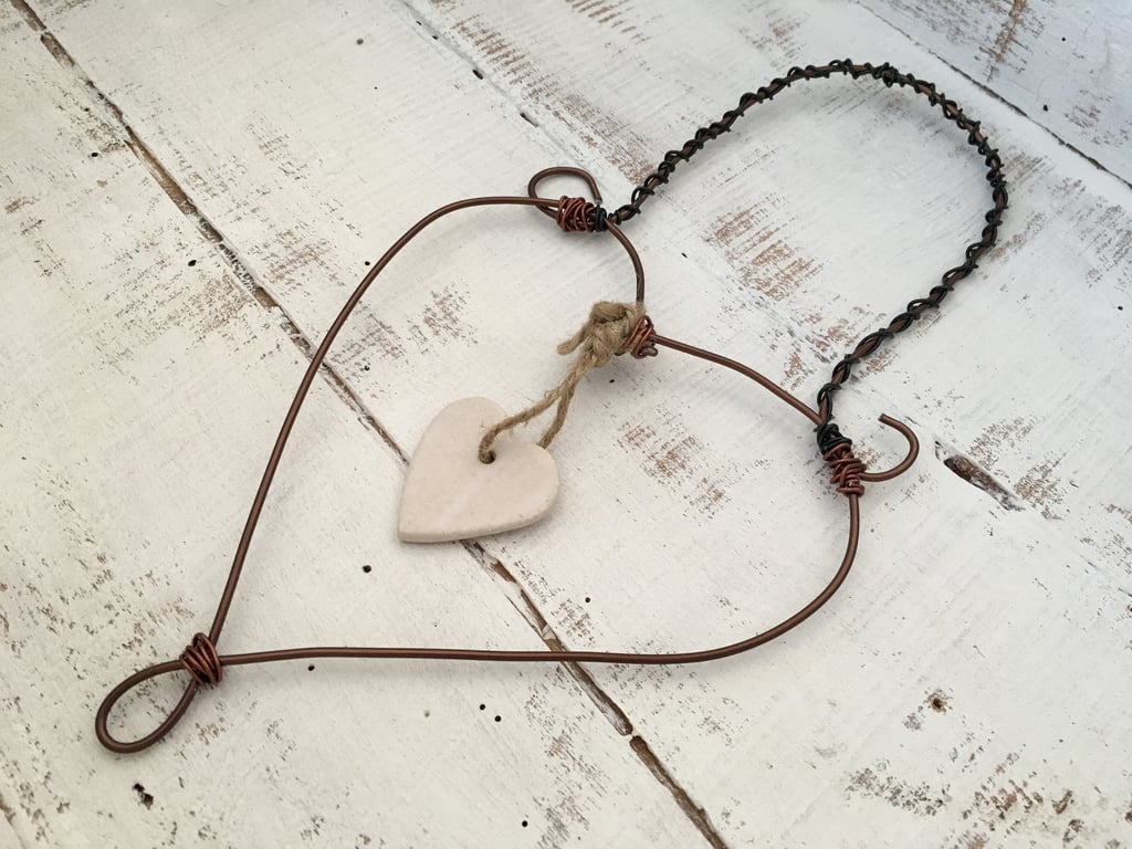 Wire art love heart, hanging heart sculpture, hand made hanging decoration