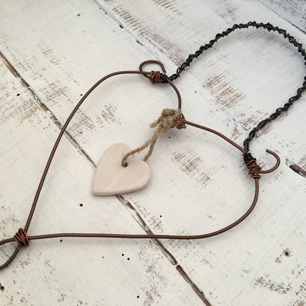Wire art love heart, hanging heart sculpture, hand made hanging decoration