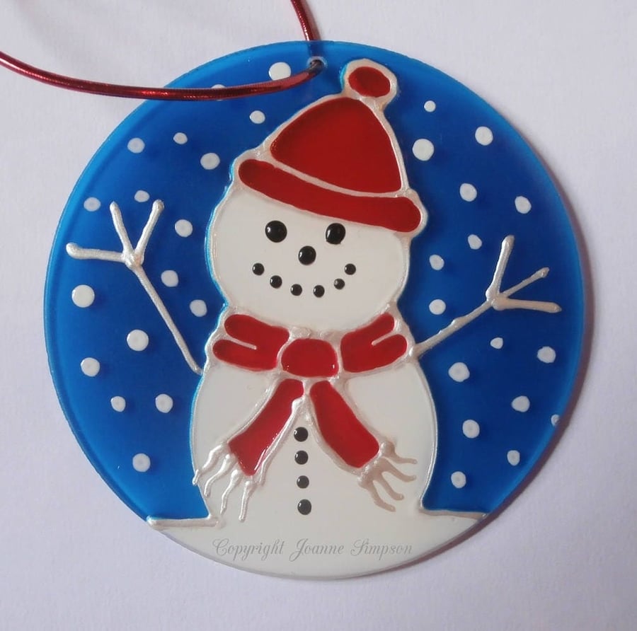 Christmas Snowman Decoration, glass tree ornament, hand painted