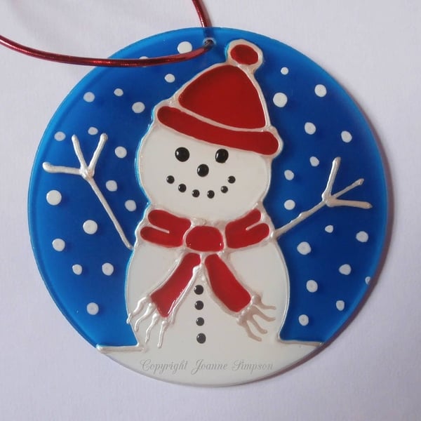 Christmas Snowman Decoration, glass tree ornament, hand painted