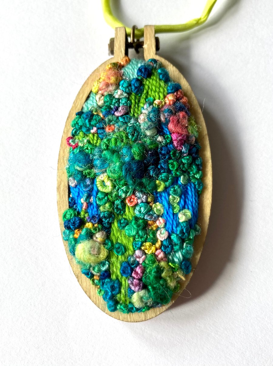 Hand Embroidered Landscape View Pendant Necklace