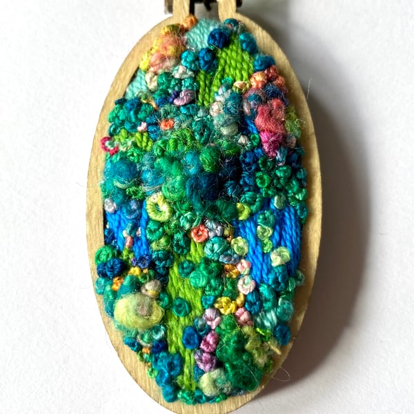 Hand Embroidered Landscape View Pendant Necklace