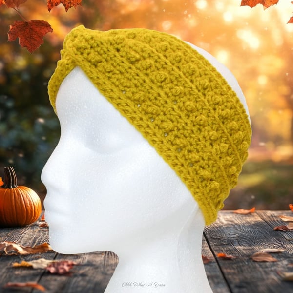 Crochet headband, ear warmer. Gold, mustard twist ear warmer. Gold headband.