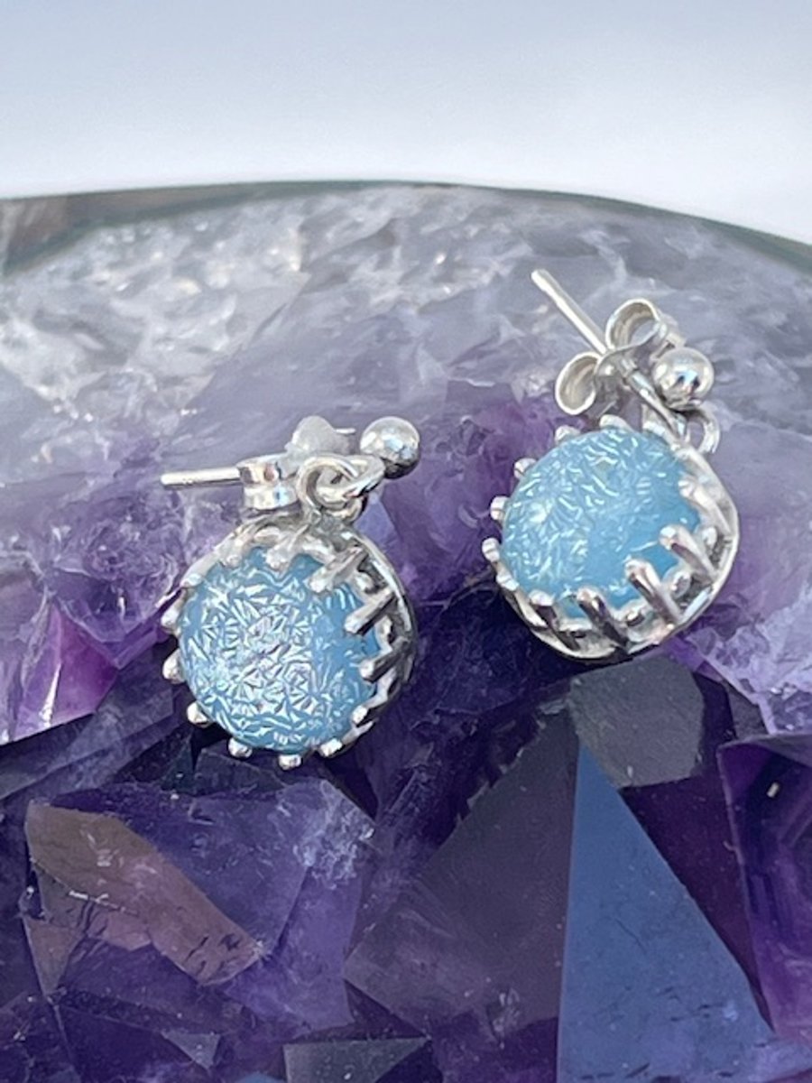 Silver earrings with light blue sparkly fused glass stone