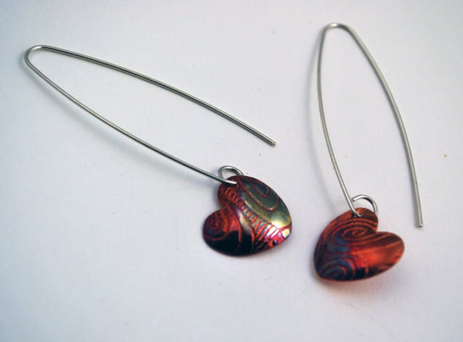 Copper heart shaped drop earrings