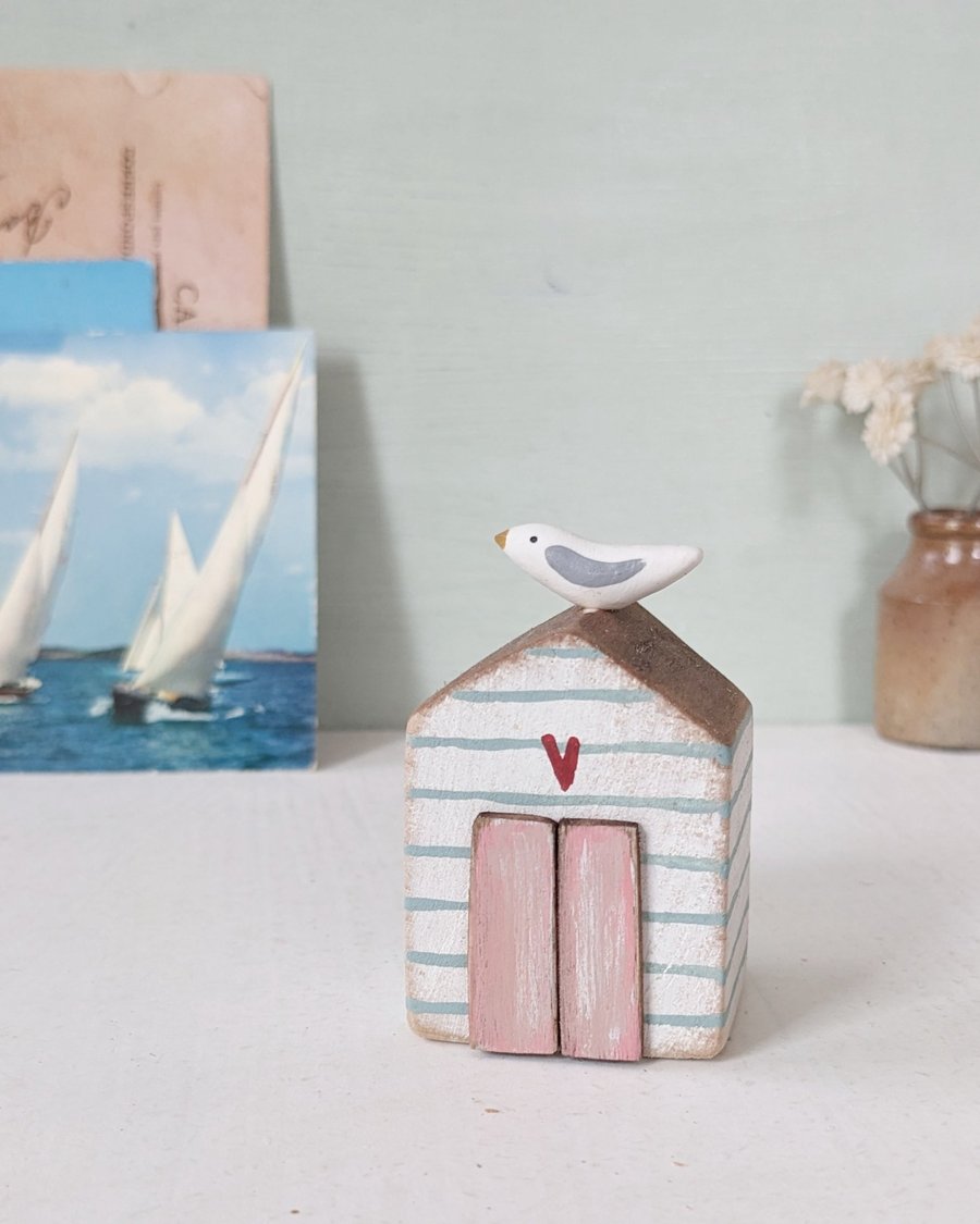 Hand Painted Wooden Beach Hut with Seagull 