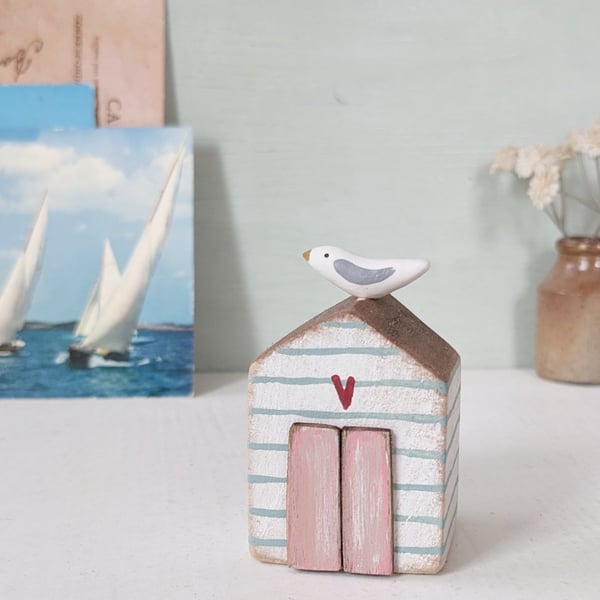Hand Painted Wooden Beach Hut with Seagull 