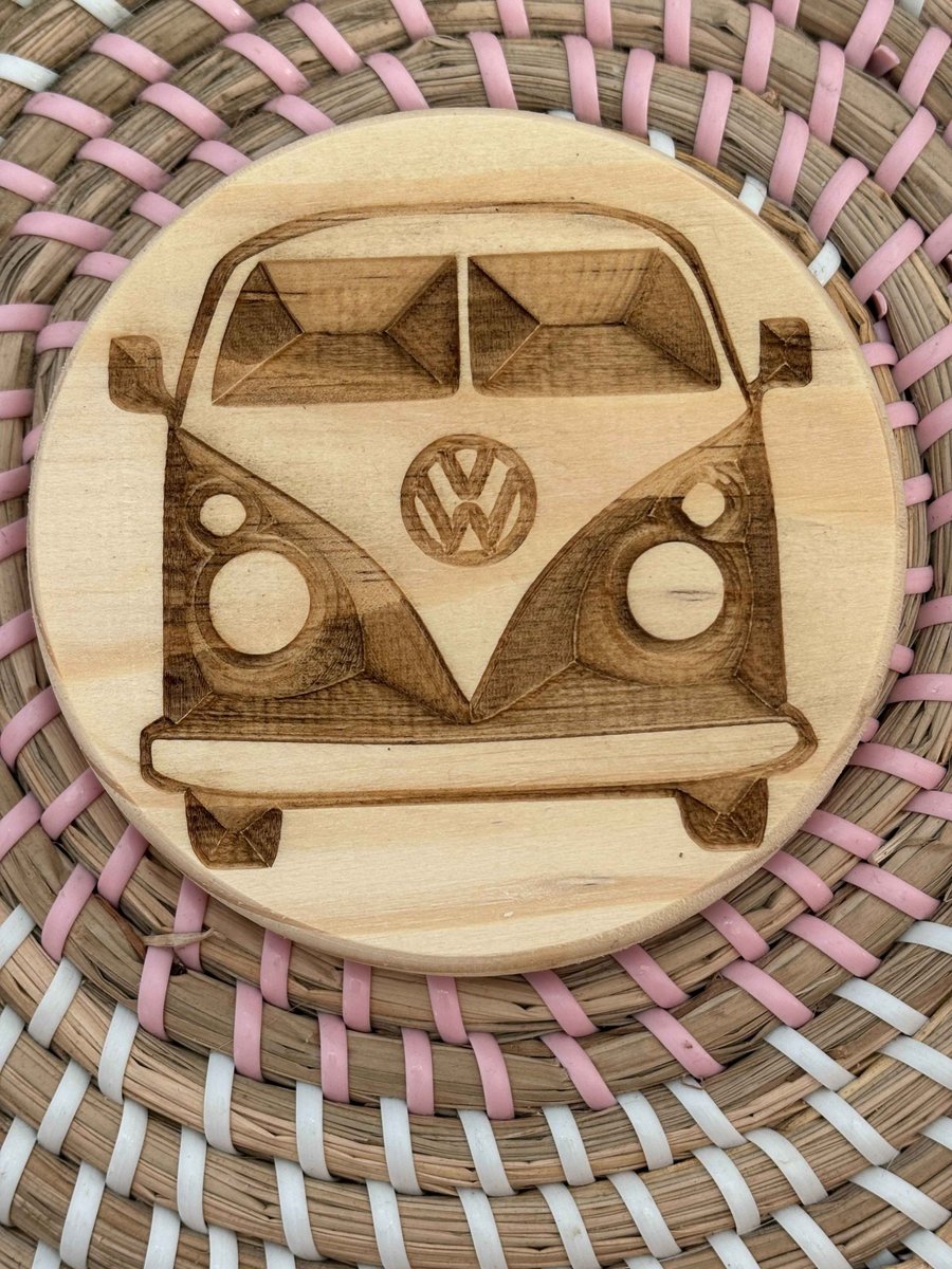 Wooden Coaster - Camper Van - 10cm Round design handmade