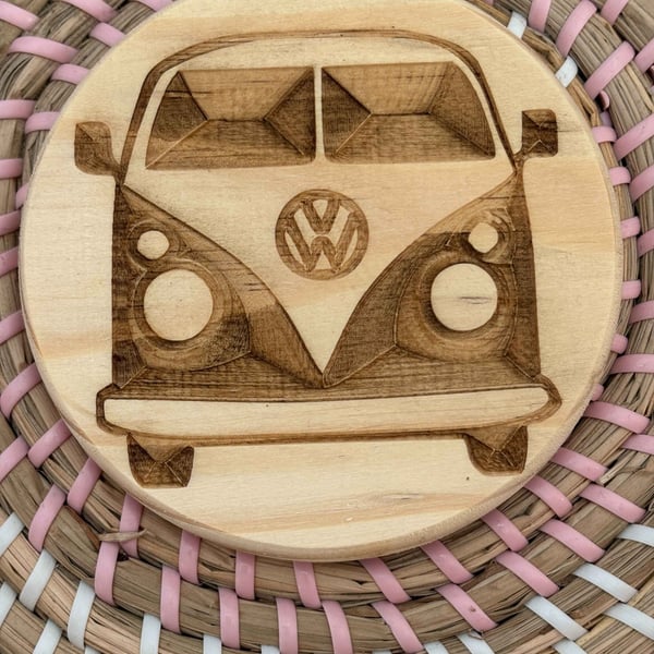 Wooden Coaster - Camper Van - 10cm Round design handmade