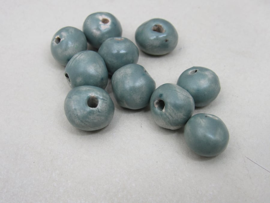 10 Small Sage Green Glazed Handmade Ceramic Beads